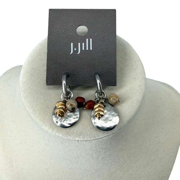 J. Jill Mixed Metal Beaded Stud Earrings Hammered Disc Neutral Wood Earthy Boho - Picture 2 of 6